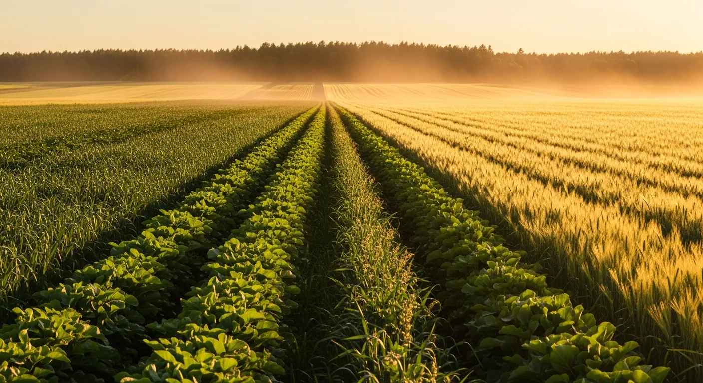 Rows of healthy crops stretching to the horizon at golden hour